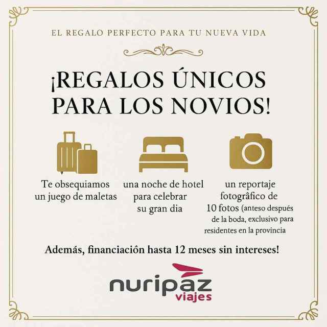 Juego de maletas, noche de hotel para celebrar tu gran día, reportaje de fotógrafico, seguro de cancelación, financiación hasta 12 meses sin intereses